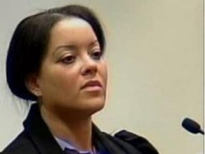 Photo of Whistle Blower Andrea Heath testifying against her fellow DHSPD Officers in the Edward Moore v. City of Desert Hot Springs civil rights trial in Indio, California