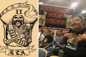 Bandidos Gang Badgers photo with logo and protesters 2