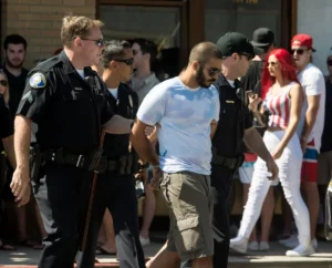 A man is lead away after getting arrested in front of Mutt Lynch's on the Balboa Peninsula in Newport Beach